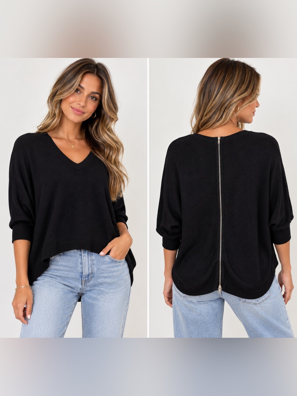 Express Black V-Neck Zip-Back Women's Sweater